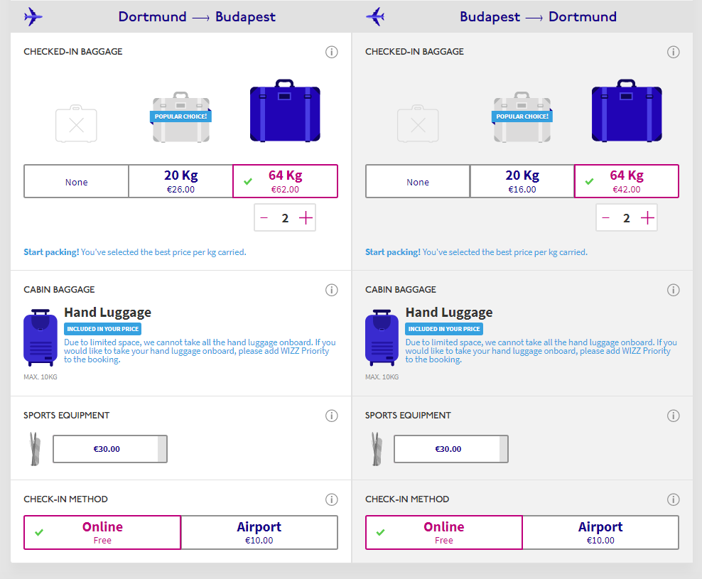 wizz air add baggage price