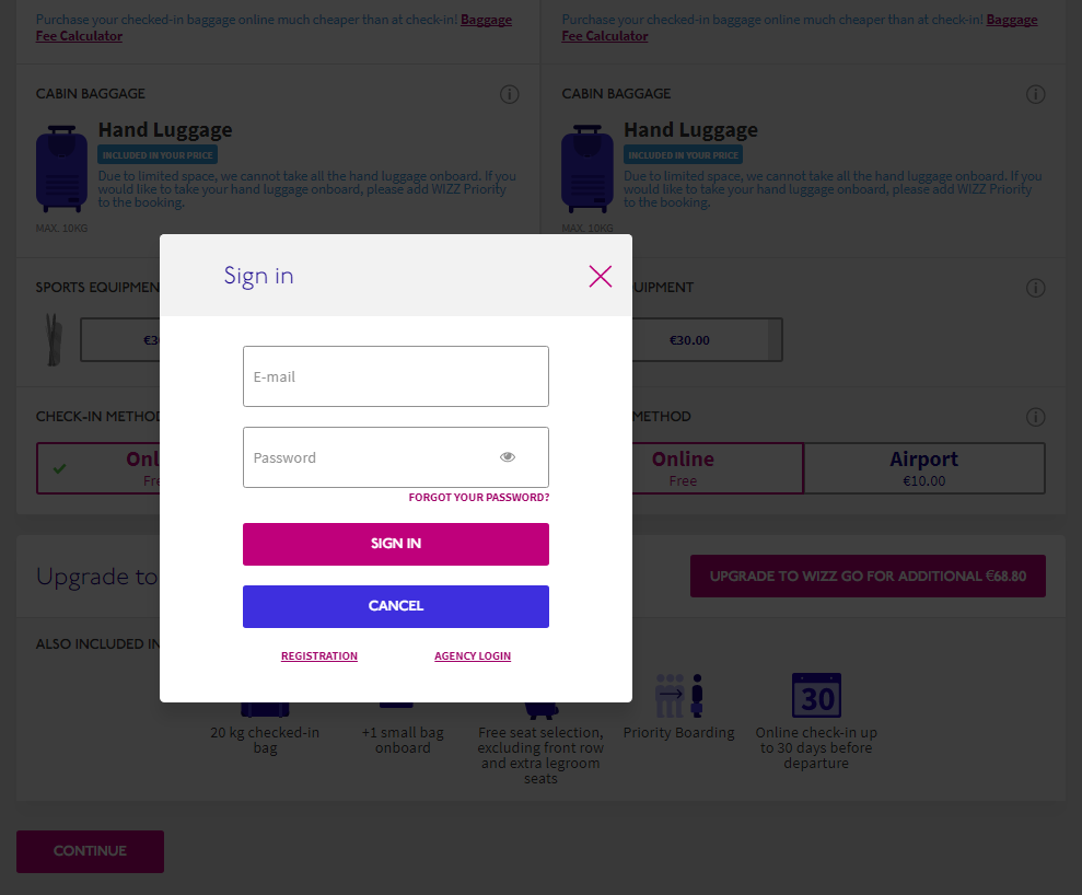 Wizz Air registration pop-up