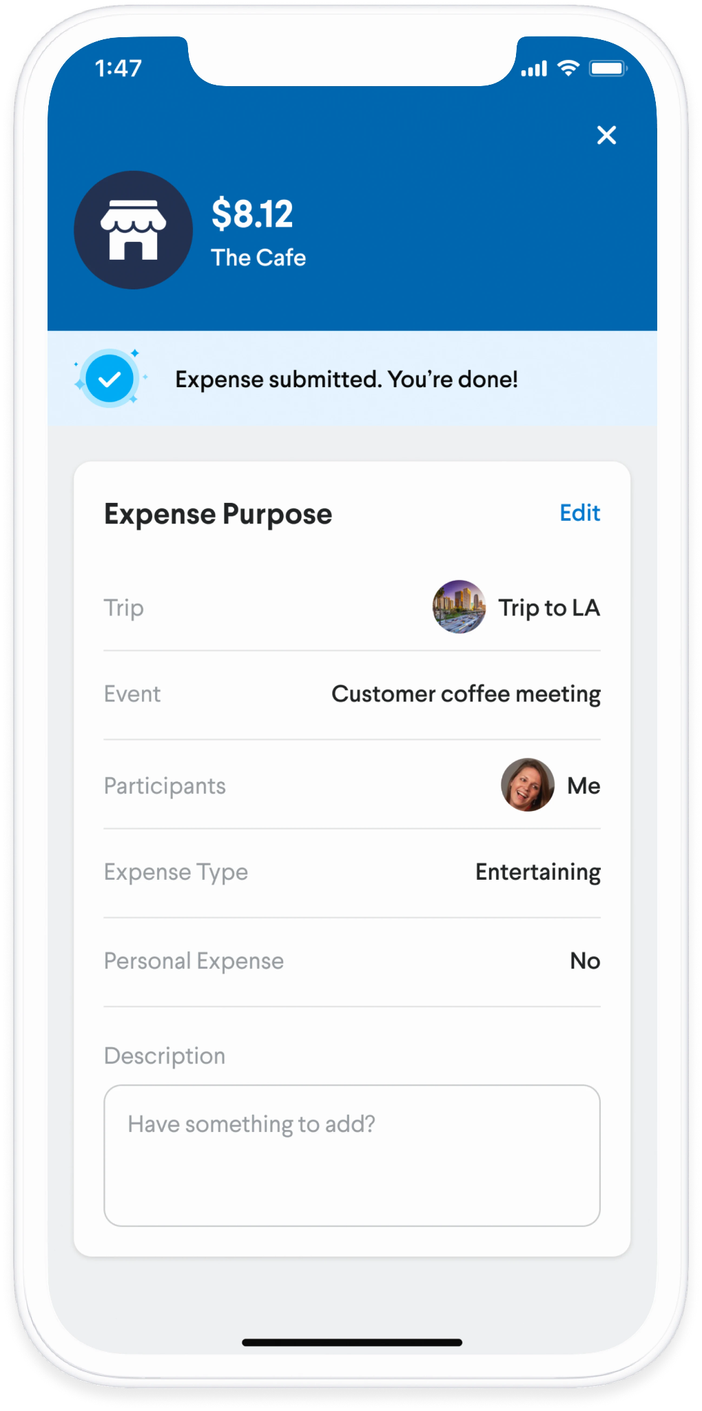 Submitting expenses via the mobile app during the business trip 
