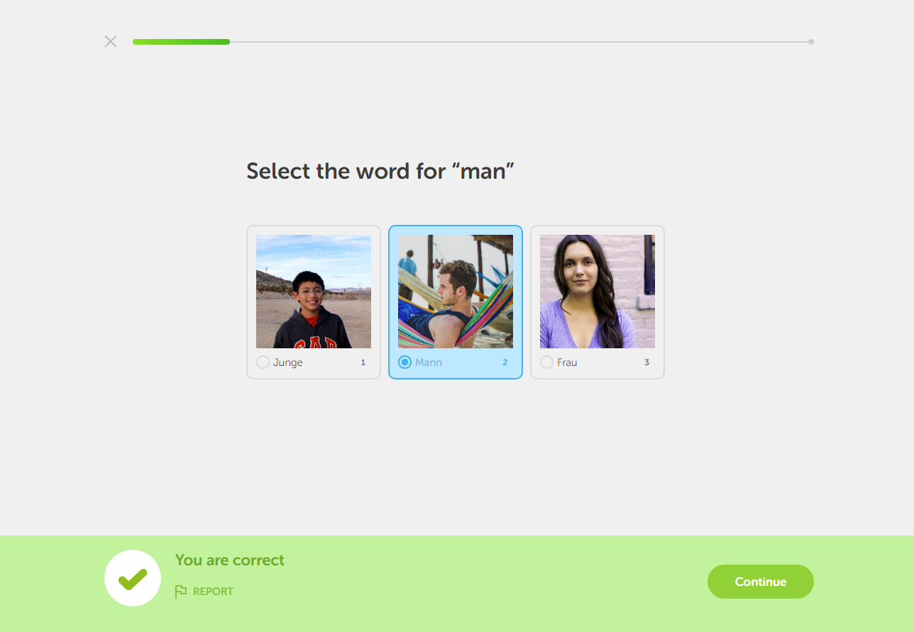 Duolingo uses simple pre-established paths and reassuring messages