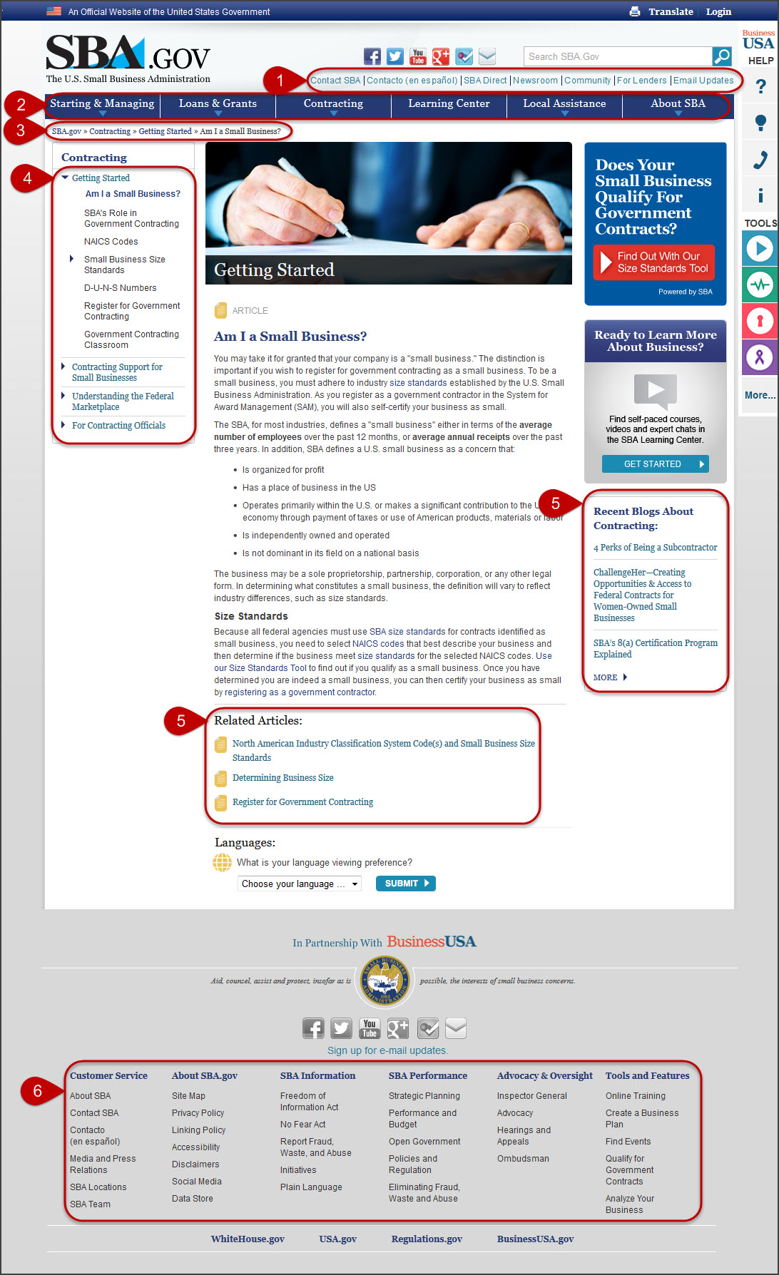 sba website navigation elements