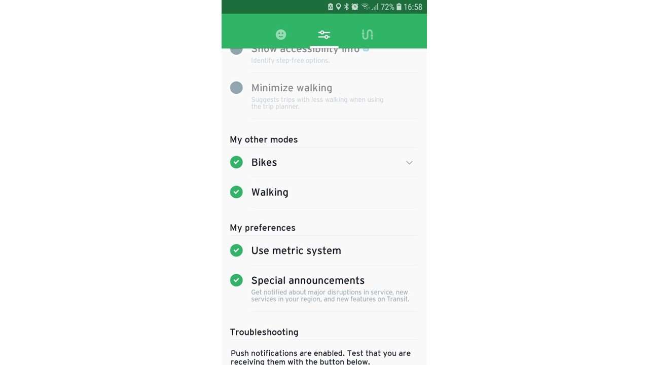 settings in transit app