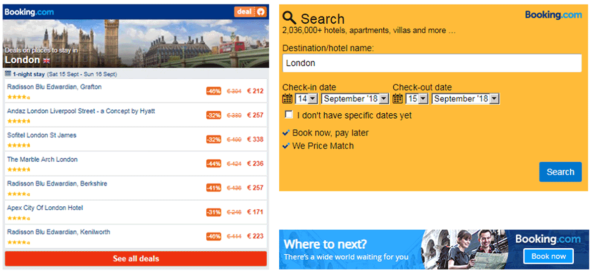 Booking.com deals finder, search box, and banner