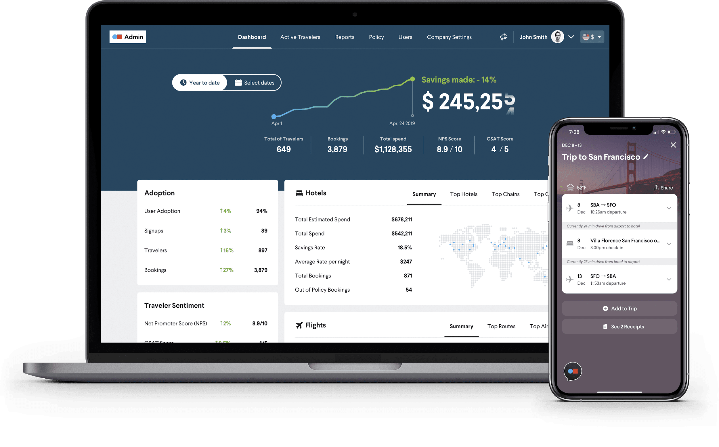 Admin dashboard and travel mobile app interfaces