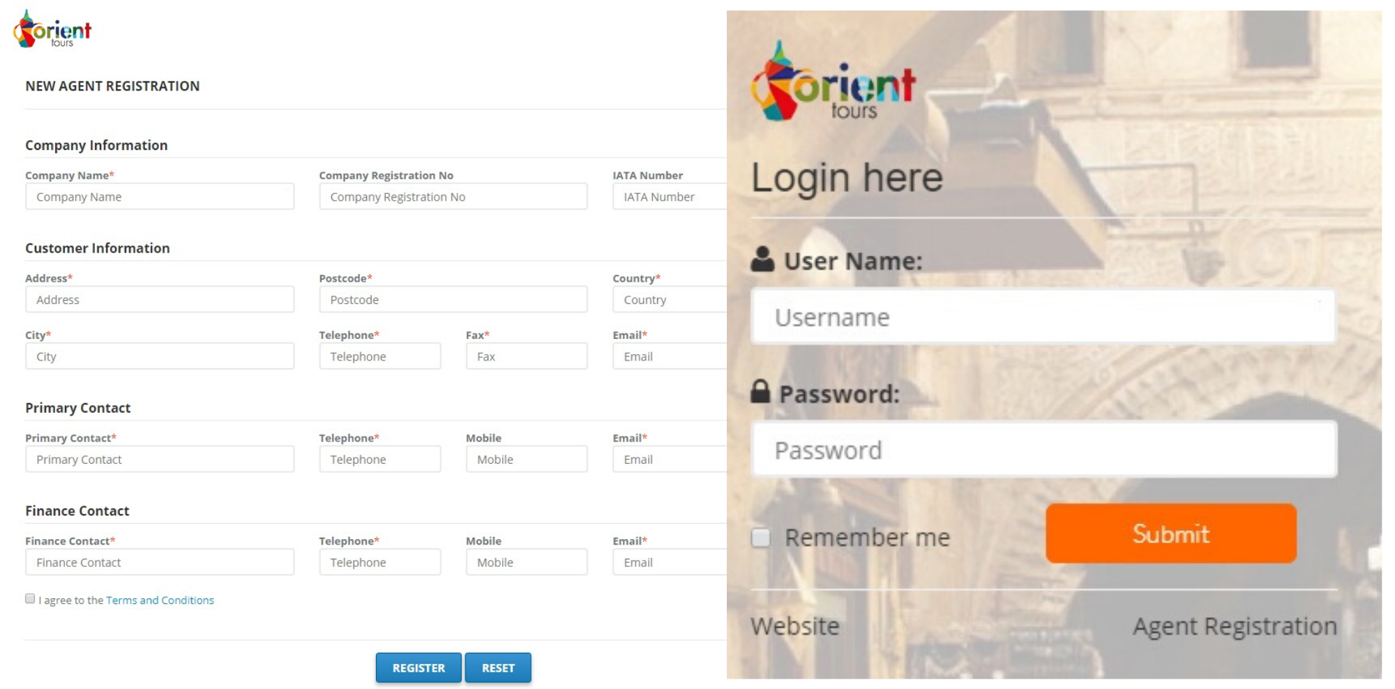 Login and registration forms for travel agencies at Orient Tours