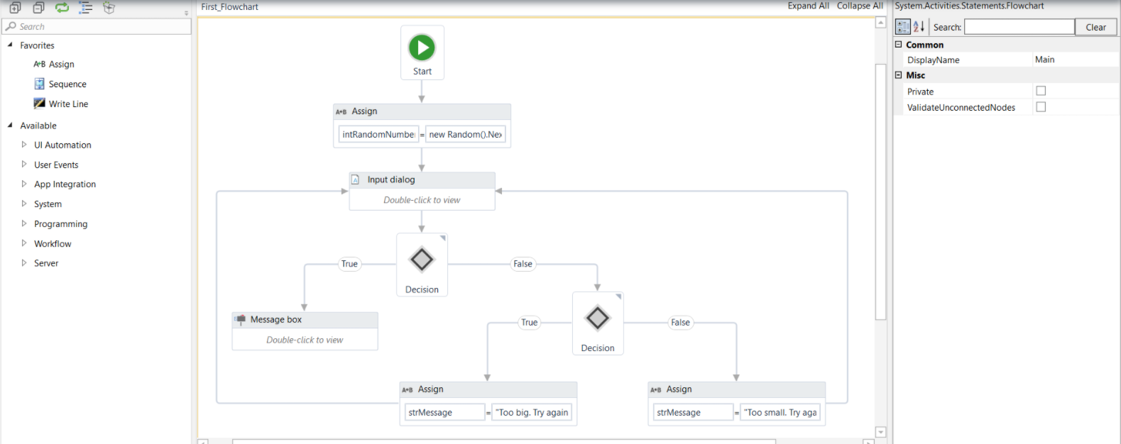 UIPath RPA bot flow control panel