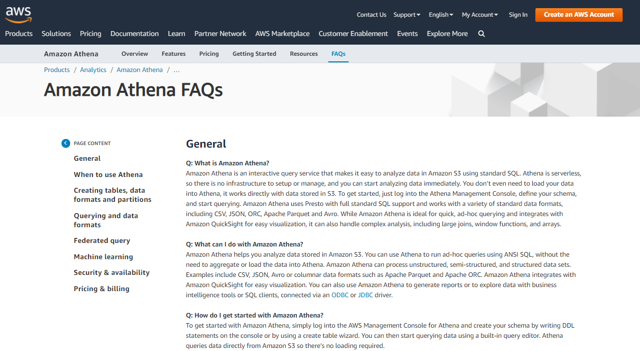 Amazon Athena FAQ webpage