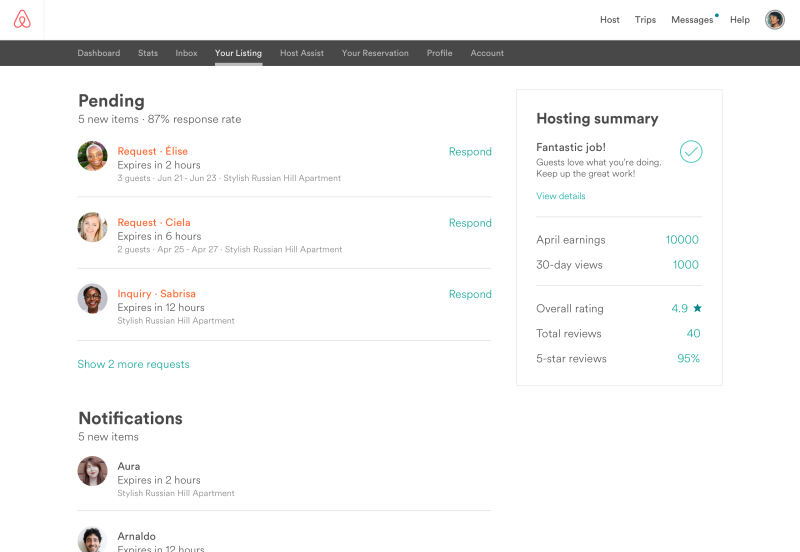 Airbnb dashboard for hosts
