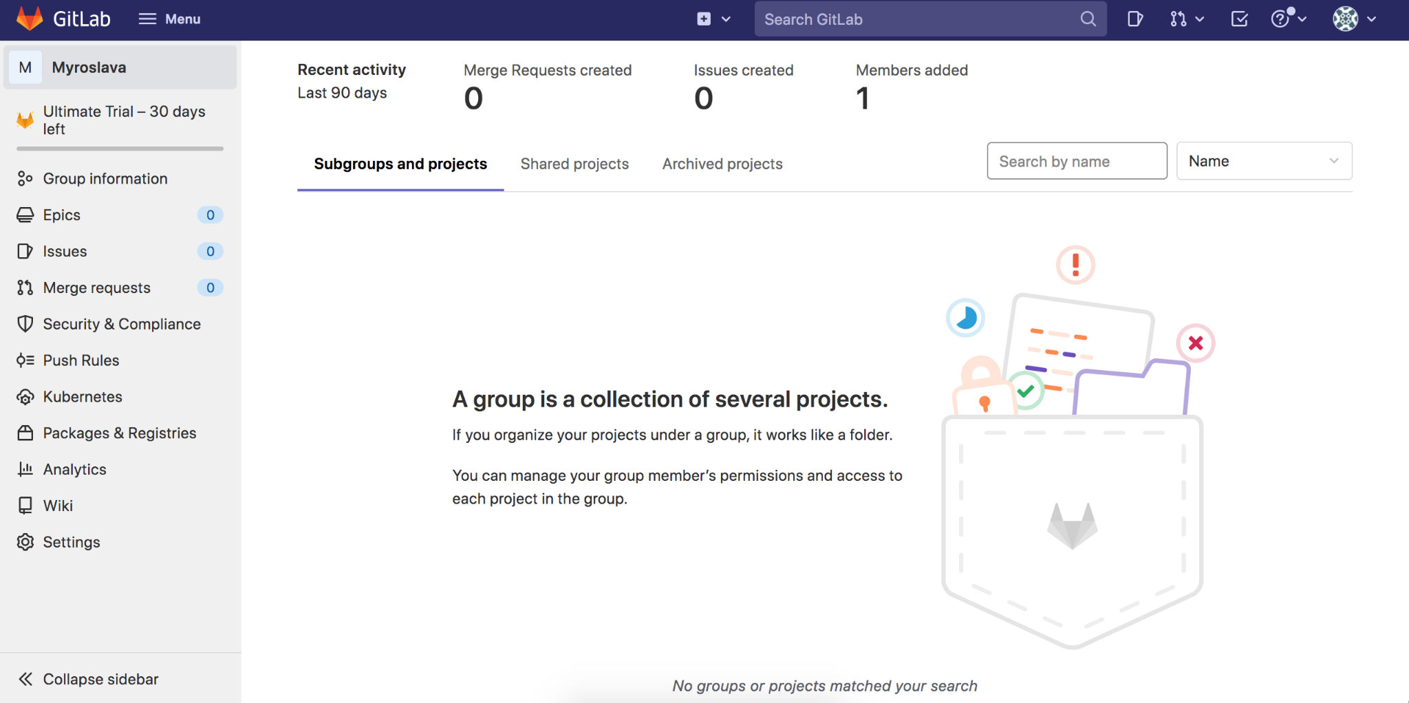GitLab dashboard of the private account