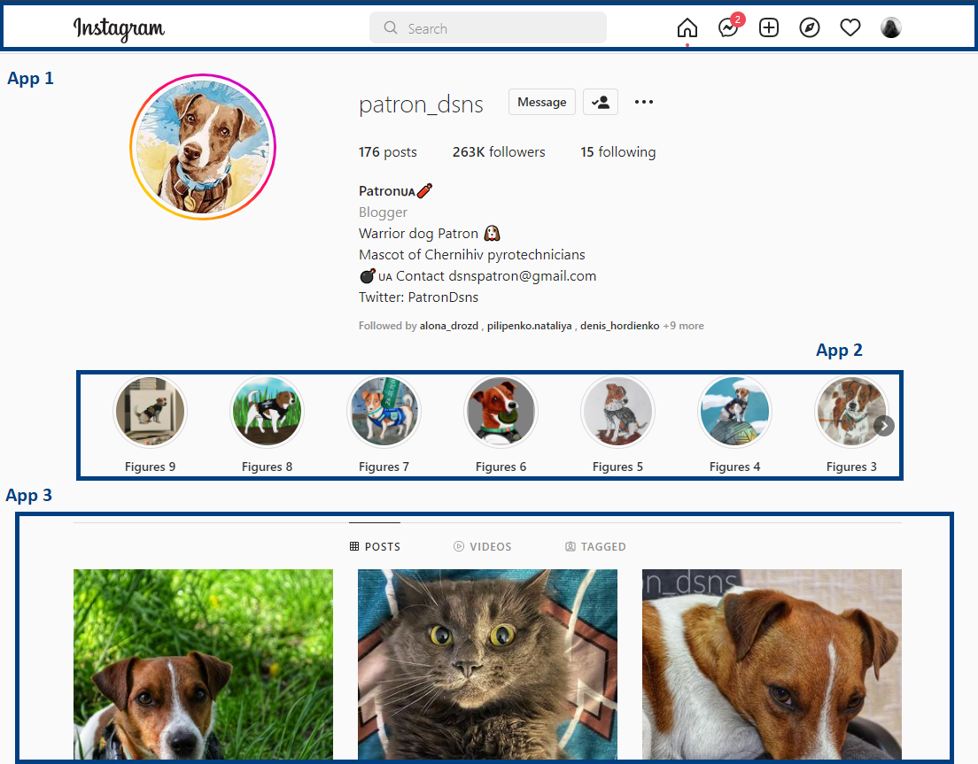 An Instagram web page presented as a set of possible micro-apps