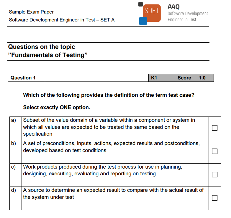 examples of the A4Q SDET exam paper