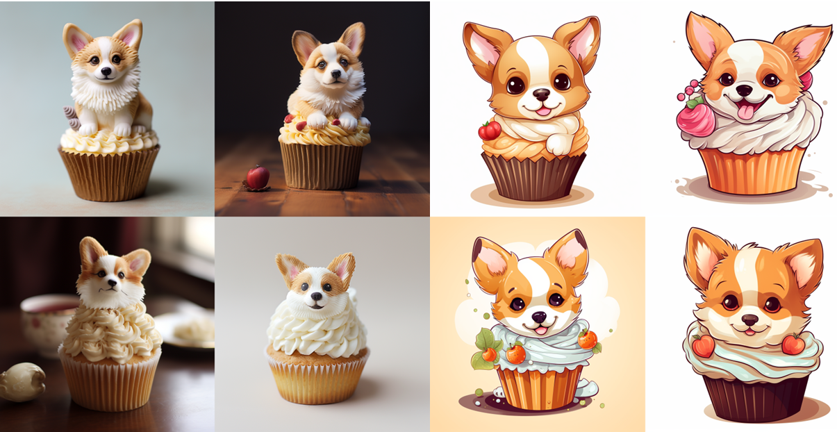 Pictures of corgi cupcakes generated by Midjourney using the prompt “a cupcake made of a cute corgi dog, in cartoon style, draw.”