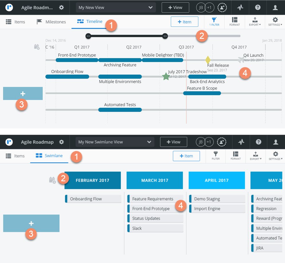 A Roadmunk screenshot that shows the difference between timeline and swimlane view
