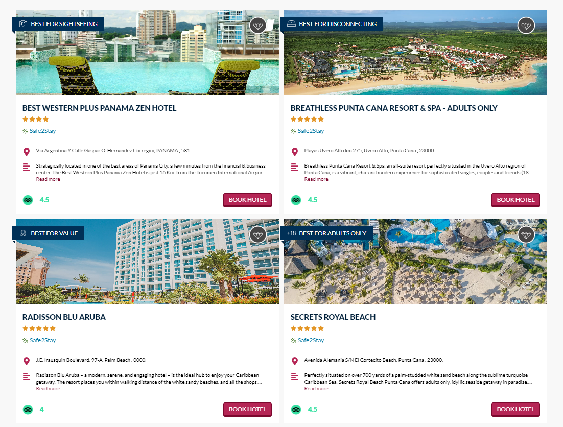 Hotel descriptions with tags to help agents with the choice. Source: Hotelbeds 