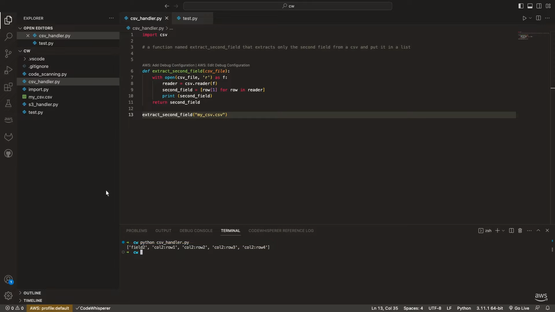 An example of CodeWhisperer suggesting functions to extract the second field from a CSV file and return it in a list, with successful results in testing.