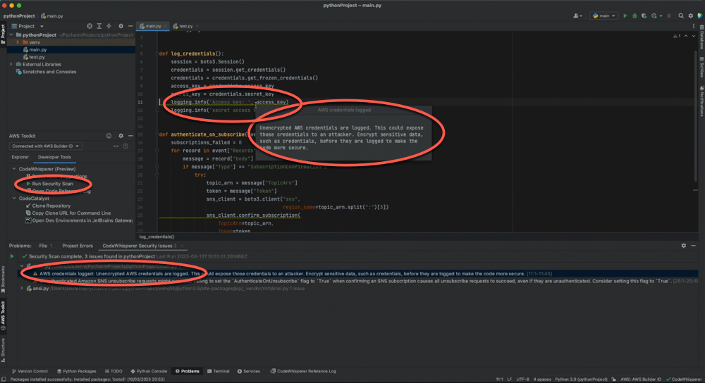A screenshot showing the moment where the user has created code that would write unencrypted AWS credentials to a log. CodeWhisperer has identified the issue and raised an alert.