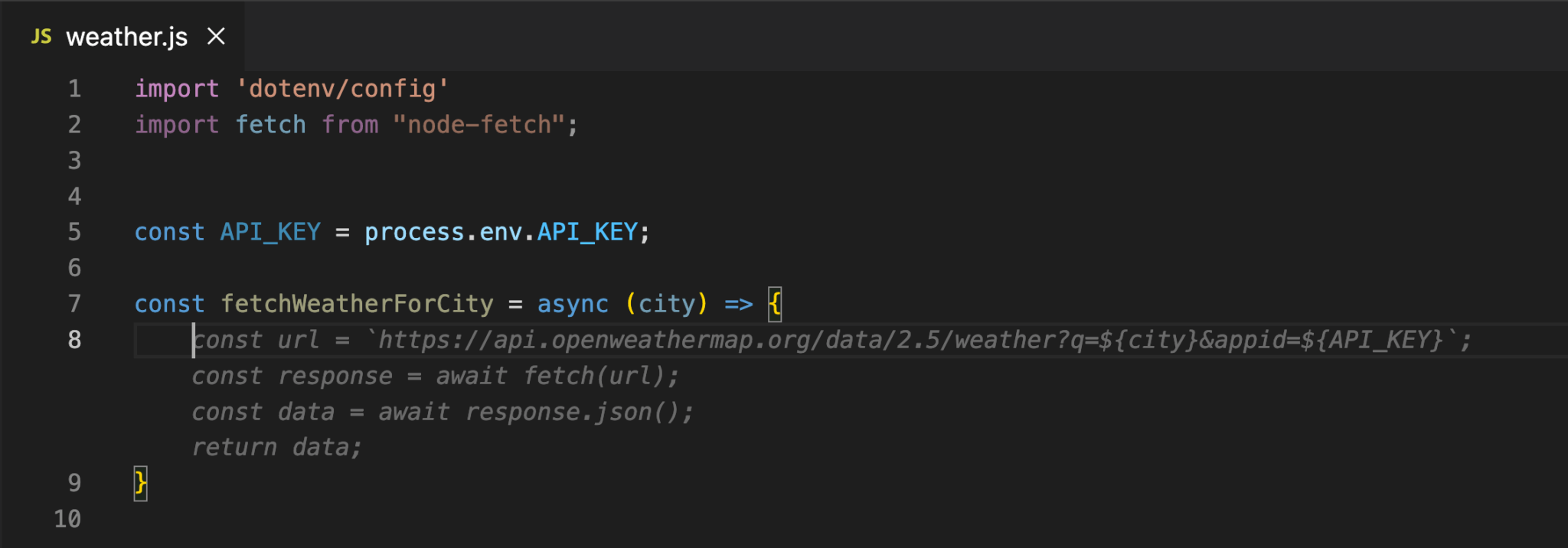 An example of a user typing a function signature and Tabnine suggesting a block of code.